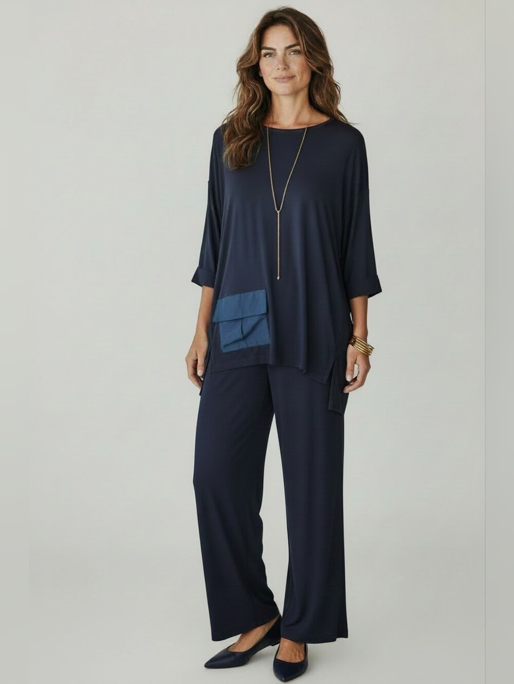 Joseph Ribkoff Navy Draped Top With Pocket Detail SZ 12